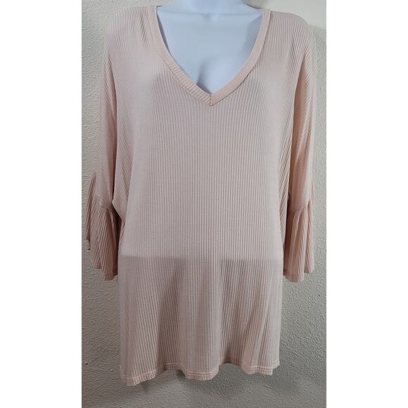 Promesa Pink Ribbed Bell Sleeves V Neck Top Large Lightweight Flowy Swing Soft - Picture 1 of 6